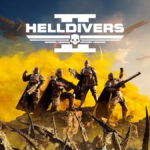 Helldivers 2 cover art with four characters celebrating