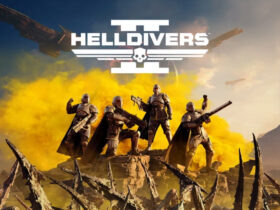 Helldivers 2 cover art with four characters celebrating