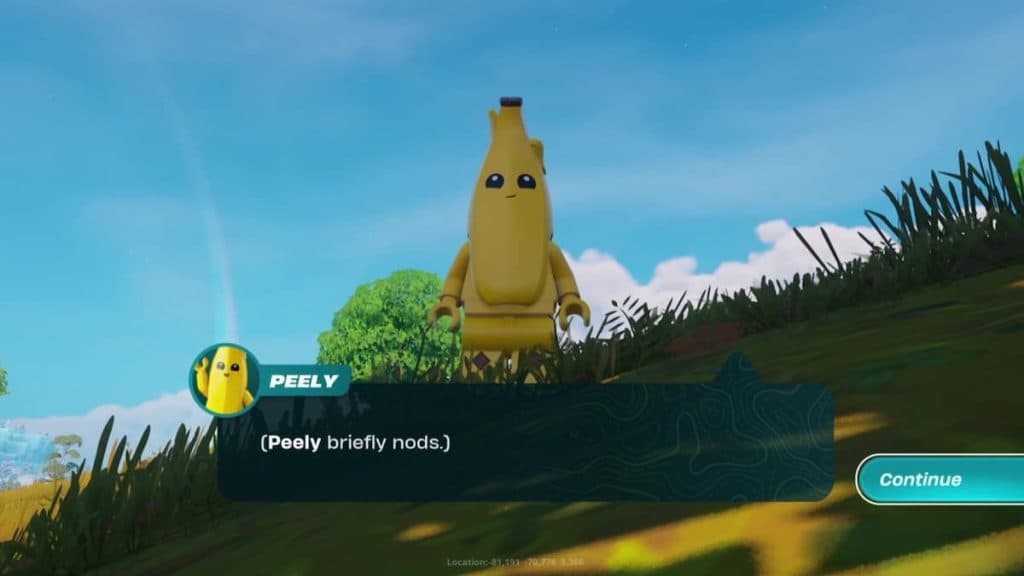 Una captura de pantalla del juego de Peely en LEGO Fortnite.