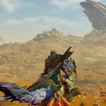 monster hunter wilds character on mount overlooking desert landscape