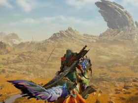 monster hunter wilds character on mount overlooking desert landscape