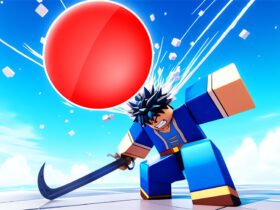 A character with a sword in Roblox Death Ball.