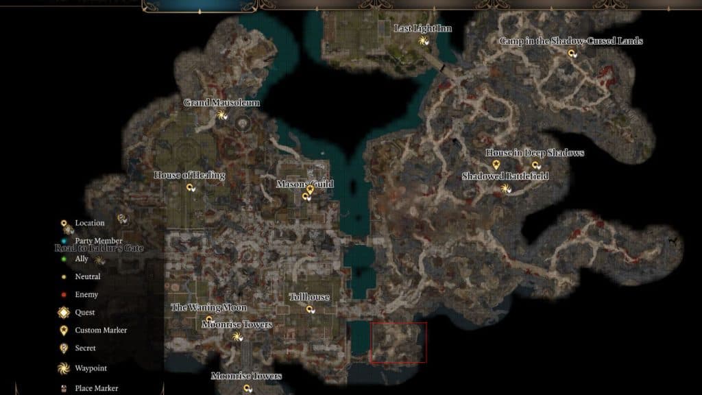 Mapa de las Tierras de las Sombras Malditas en Baldur's Gate 3