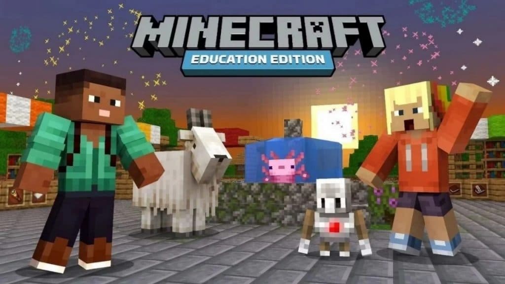 Jugadores con una cabra y un agente en Minecraft Education Edition.