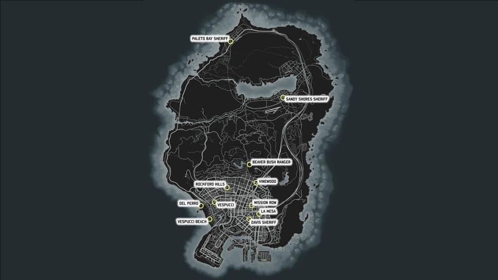 Ubicaciones de las estaciones de policía del mapa de GTA V marcadas.