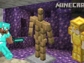 An armor stand, Gold armor, and Diamond armor in Minecraft