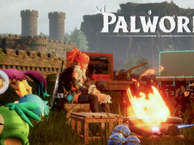 Characters and Pals around a bonfire in Palworld.