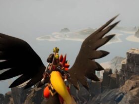 Player flying above the palworld map on a flying mount.