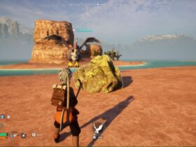 A player standing close to a Sulfur node on a beach in Palworld.