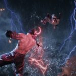 jin fighting kazuya in a thunderstorm whether in Tekken 8