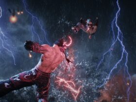 jin fighting kazuya in a thunderstorm whether in Tekken 8