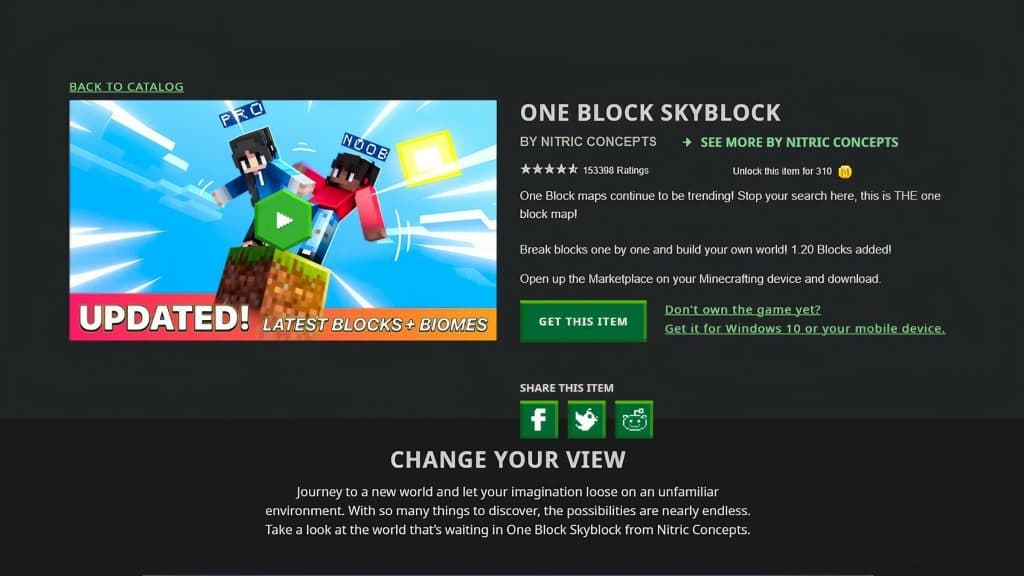 La página de Minecraft Marketplace para One Block Skyblock de Nitric Concepts.