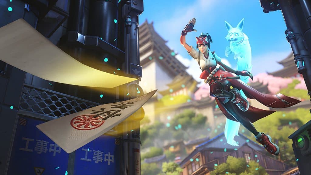 Curación de Kiriko en el fondo del menú de Overwatch 2