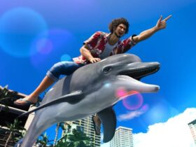 Ichiban Kasuga riding a dolphin in Like a Dragon Infinite Wealth