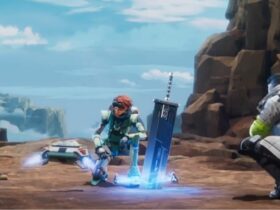 apex legends characters horizon, wraith, and crypto around the ff7 rebirth buster sword