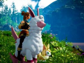 Palworld player riding sheep Pal