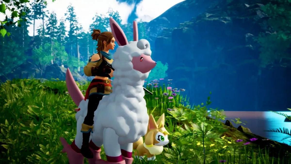 Palworld player riding sheep Pal