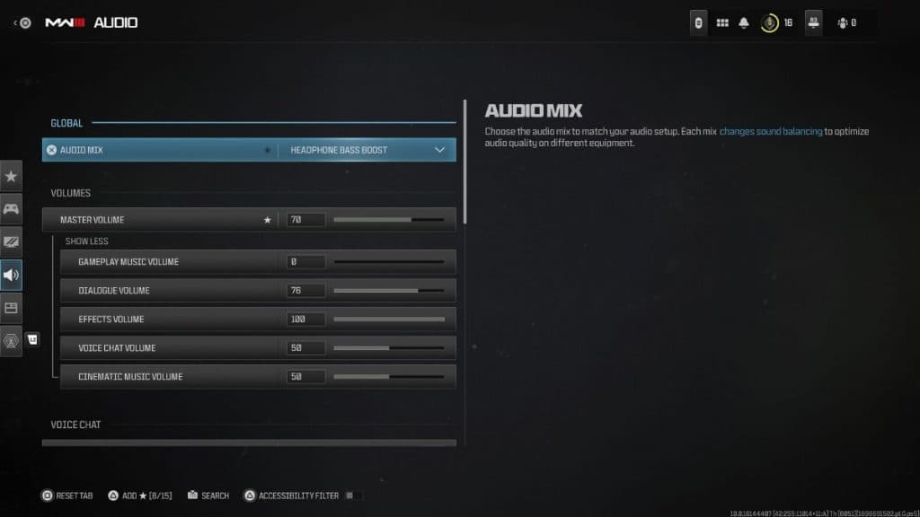 Menú de configuración de Audi en Modern Warfare 3