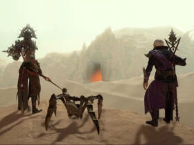 Diablo 4 characters and the Seneschal Construct pet on a desert