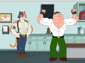 An image of Meowscles and Peter Griffin in a Fortnite cinematic short.
