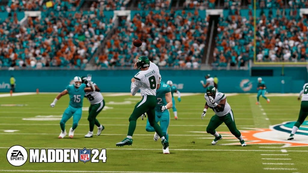 El QB Rodgers de los New York Jets en Madden 24.