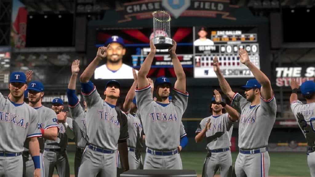 Texas Rangers celebrando el Campeonato de la MLB en MLB The Show 24.