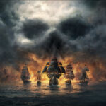 Ships in Skull and Bones approaching with a skull looking cloud behind them