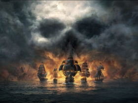 Ships in Skull and Bones approaching with a skull looking cloud behind them