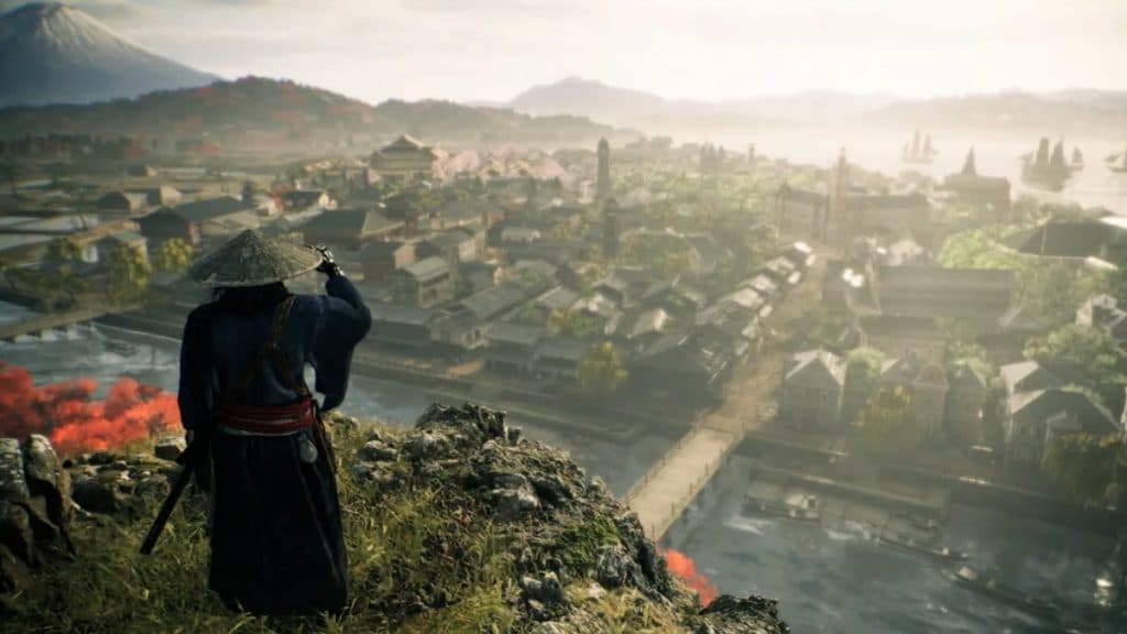 Personaje con vistas a un pueblo en Rise of the Ronin