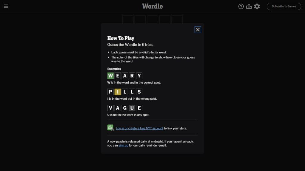 Captura de pantalla de la ventana emergente 'Cómo jugar Wordle'