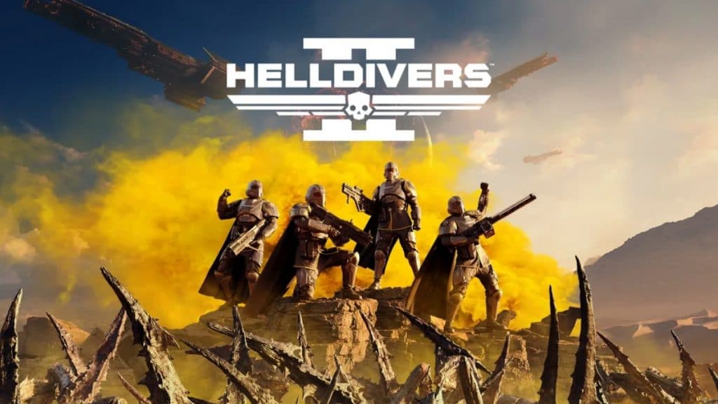 Portada de Helldivers 2 con cuatro personajes celebrando