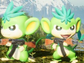 Two Tanzees holding guns in Palworld