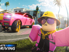 A character taking a selfie with their car in Roblox Ultimate Driving.