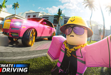 A character taking a selfie with their car in Roblox Ultimate Driving.