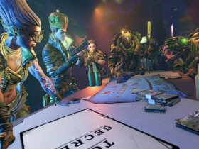 Borderlands 3 characters at a desk.