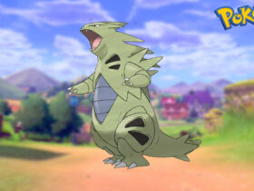 Tyranitar in a Pokemon Sword and Shield background