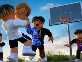 Various player playing basketball in Roblox Hoops Life Basketball.