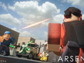 Players shooting at each other in Roblox Arsenal.