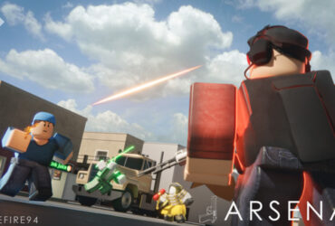 Players shooting at each other in Roblox Arsenal.