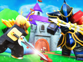 Character fighting a mob in Roblox Sword Fighters Simulator.