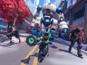 Lucio, Cassidy, and Hanzo pushing the robot in Overwatch 2