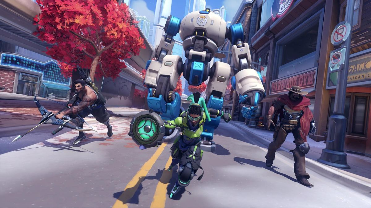 Lucio, Cassidy, and Hanzo pushing the robot in Overwatch 2