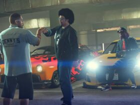 Two characters in front of Exotic cars in GTA Online.