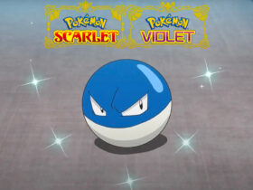 Shiny Voltorb in Pokemon anime with Scarlet and Violet logo