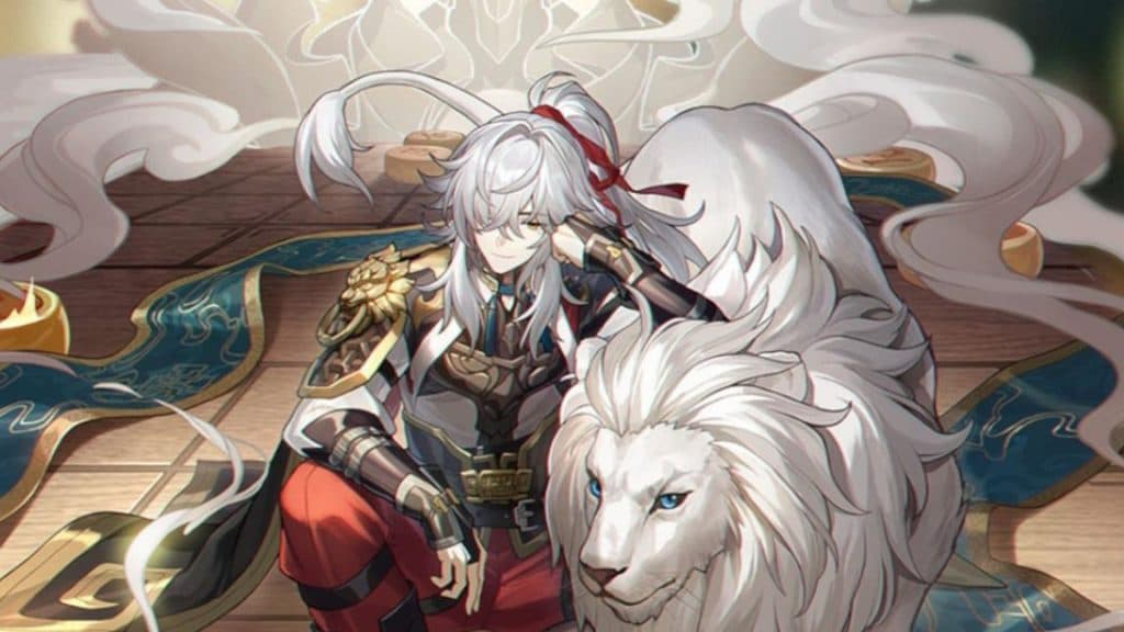 Jing Yuan sentado con un león blanco