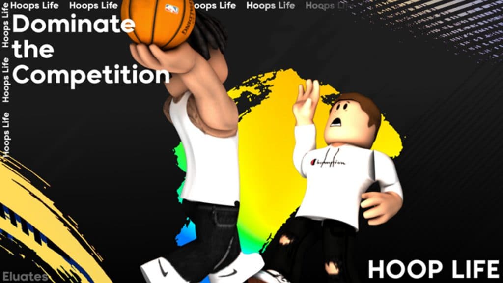 Jugadores jugando baloncesto en Roblox Hoops Life Basketball.