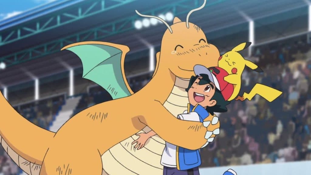 Dragonite, Ash y Pikachu en el anime Pokémon