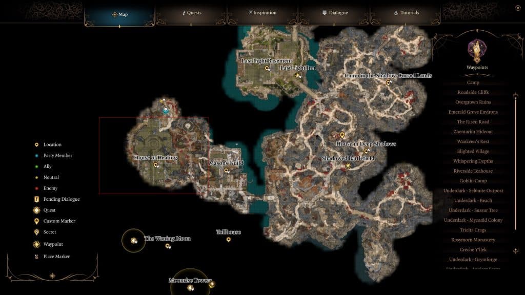 Un mapa de las Tierras Malditas de las Sombras en Baldur's Gate 2