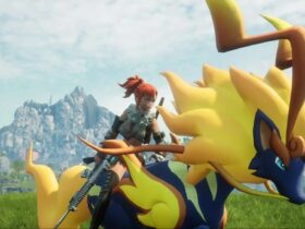 A Palworld player riding a Pal.