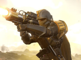 Helldivers 2 character shooting rocket launcher